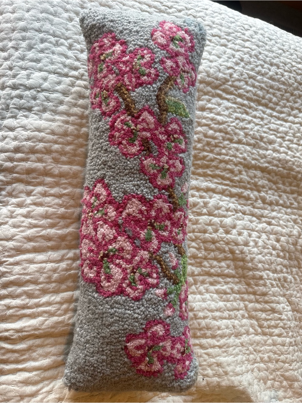 Handcrafted Pink Floral Hooked Lumbar Pillow - Gray Background